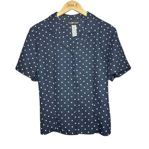 Sag Harbor Blue Short Sleeve Polka Dot Button Up Blouse Size L Collared